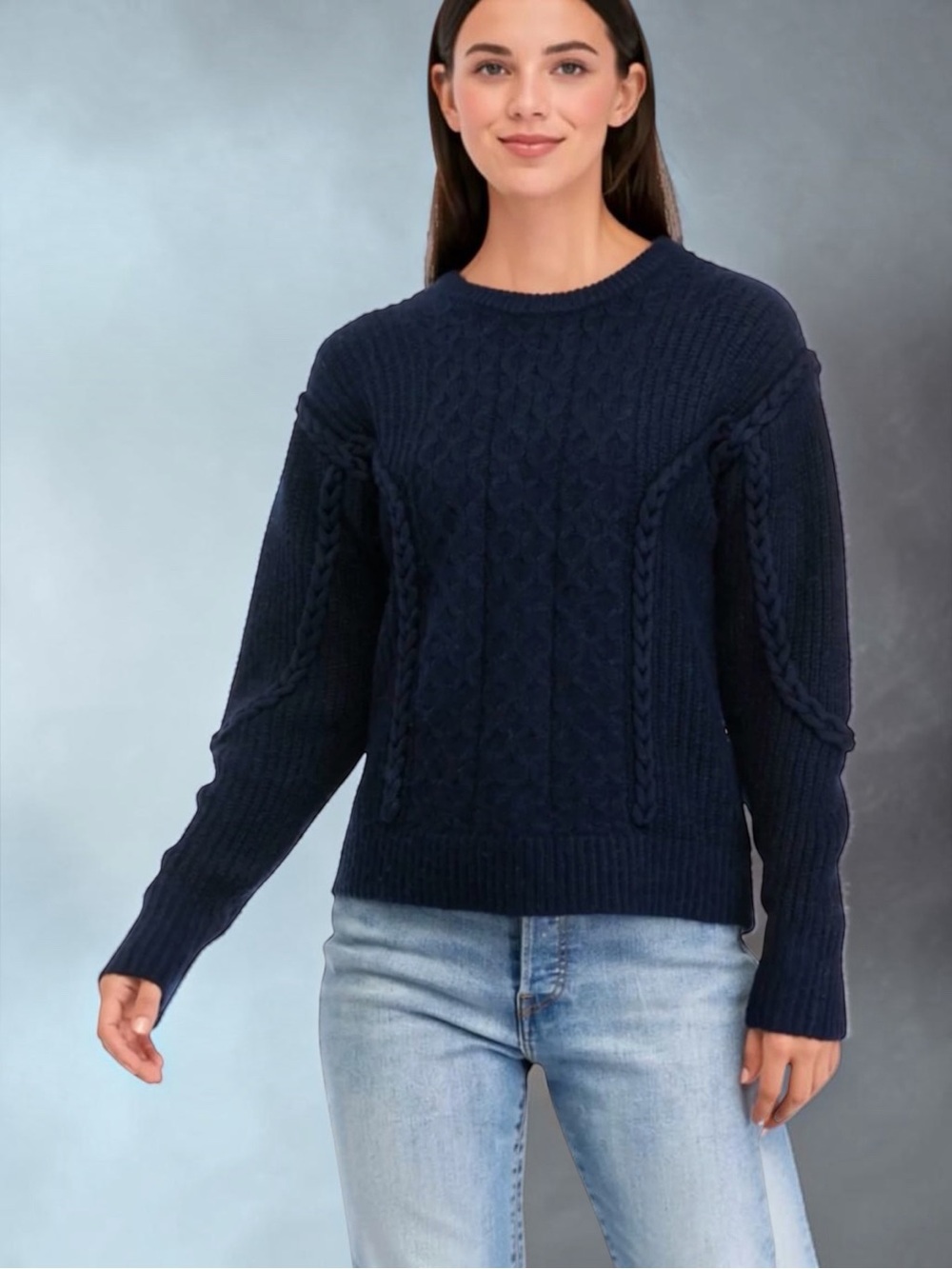 NWT CROWN & IVY Navy Blue Women's Braided Cable Knit Sweater, Medium